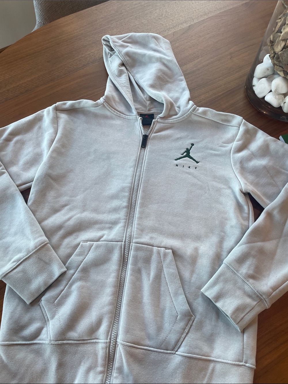 Jordan Light Gray Full-Zip Hoodie with Green Jumpman